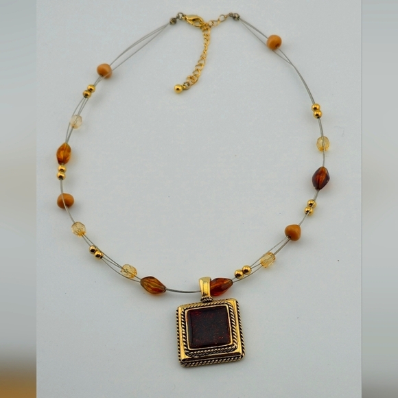 Vintage Gold Tone Pendant Necklace Multi-Strand Wire Beaded Amber Glass Look - Picture 1 of 8